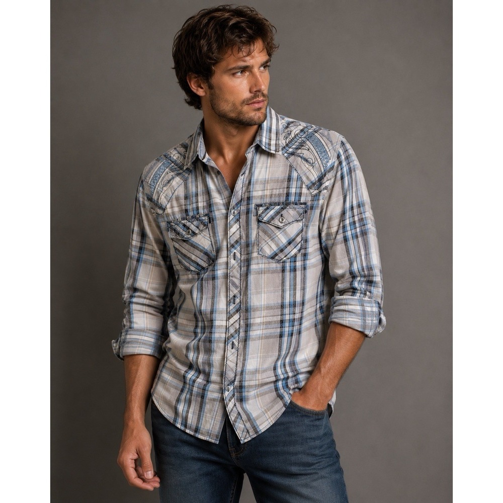 Roar Signature Mens Plaid Western Shirt Medium Blue Gray Embroidered Y2K